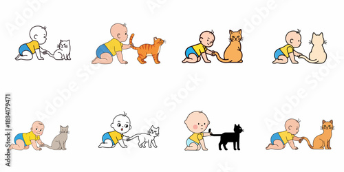 Curious baby pulling the tail of various cats (orange, black, white, gray) in a series of illustrations showing different reactions.