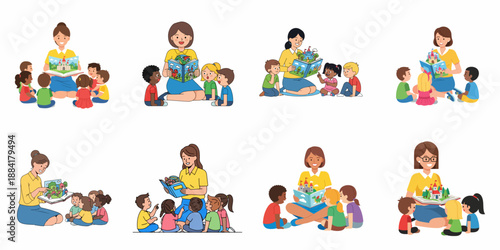 A collection of cartoon illustrations showing female teachers reading engaging pop-up storybooks to diverse groups of excited kindergarten children during storytime.