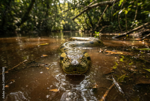 Close-up of a Large Green Anaconda Swimming Through Murky Amazon River Waters in the Deep Jungle
