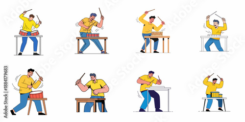 Set of enthusiastic male characters playing drums and percussion instruments, showcasing rhythm, music, and performance in flat illustration style.