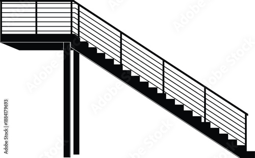 Industrial metal staircase silhouette, exterior emergency stairs, steel fire escape, railing structure, architectural engineering, black vector illustration, isolated, minimal, design