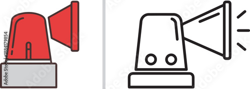 A vector illustration of an emergency siren and megaphone, shown in both a red color-filled style and a black-and-white line art version.