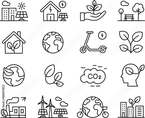 Green City and Renewable Energy Concept with Solar Panels, Wind Turbines and Nature