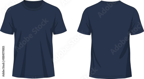 Navy blue t shirt mockup illustration, front and back view apparel template, blank casual clothing design, modern fashion, flat vector style