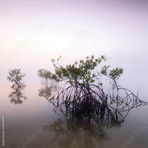Submerged Roots and Delicate Foliage Emerging from a Poetic Violet Mist at Dawn