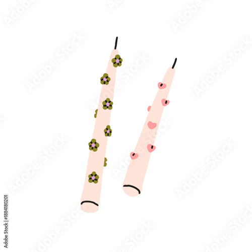 Candle sticks decorated, painted with heart and flower pattern. Long taper decoration, craft handmade accessories, creative DIY decor, handwork. Flat vector illustration isolated on white background