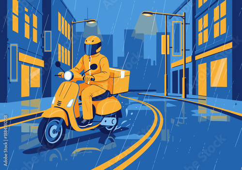 A courier rides a scooter through a rainy city street. Bright colors and dynamic action create a visually appealing delivery scene. Perfect for commercial use.