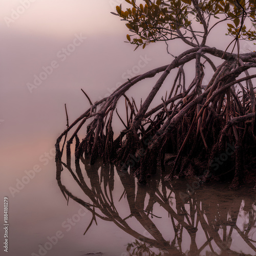Serene Reflection of Mangrove Prop Roots Against a Subtle Lavender Dawn