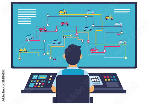 A dispatcher monitors scooter routes on a large screen, showcasing a complex network. A focused professional oversees operations. Modern, digital, and efficient.