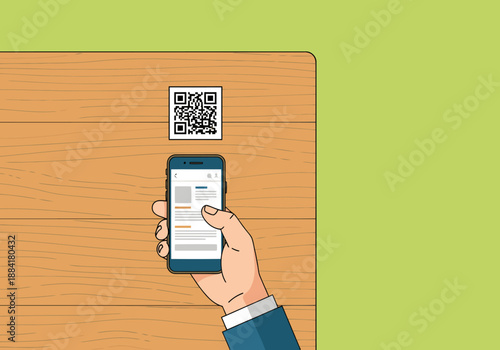 A hand scans a QR code on a wooden table with a smartphone. Modern, clean design. Ideal for digital menus and contactless ordering.