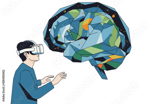 A young man explores a geometric brain within VR. Vibrant colors and a modern design highlight innovative learning and technology.  Great for education and tech visuals.