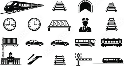 Railway transportation icon set, train tracks tunnel bridge clock conductor bus car cargo symbols, black silhouette vector illustration
