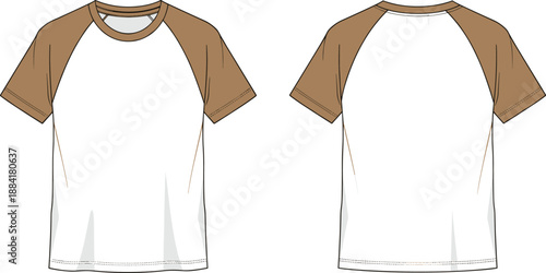Raglan t shirt mockup, front back view, short sleeve casual tee, apparel technical drawing, blank clothing template vector isolated