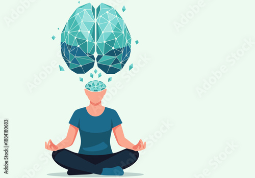 A serene figure meditates with a geometric brain illustration, symbolizing mental wellness. The composition evokes tranquility and mindful focus. Modern, calming aesthetic.