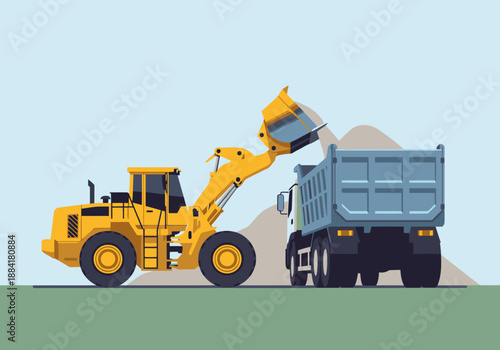 A yellow wheel loader loads recycled concrete into a truck.  Clear, bright illustration of construction and sustainability. Perfect for commercial use.