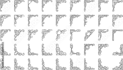 Ornamental corner icons, vintage flourish decorations, baroque frame embellishments, elegant swirl motifs, classical border vector elements