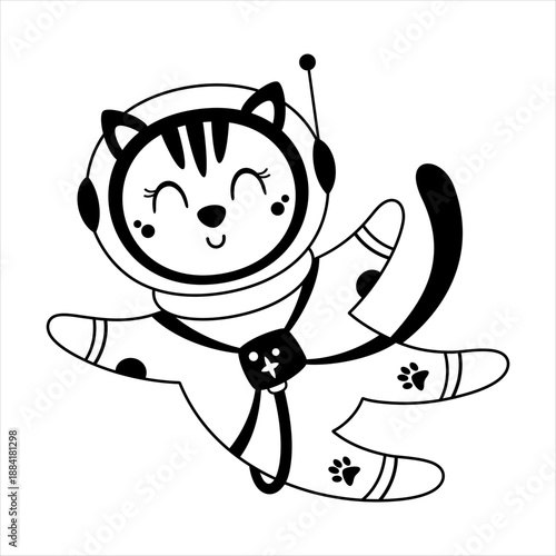 Cute cartoon cat astronaut clipart for kids space design. Black and white animal cosmonaut doodle. Vector illustration.