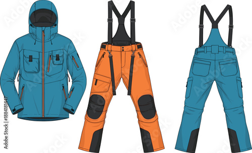Technical outdoor winter jacket and insulated snow pants set, modern alpine ski apparel design, waterproof breathable cold weather clothing