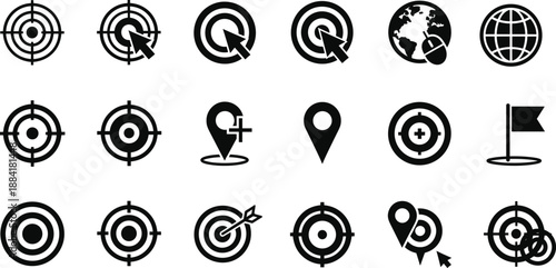 Target and location icons set, navigation pointer symbols, GPS markers, crosshair goals, web interface vector icons isolated white