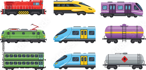 Train types illustration set, locomotive passenger freight tanker high speed railway transport vector icons collection