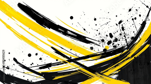 Abstract black and yellow paint strokes and splatters creating a dynamic and energetic artistic background.