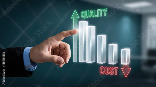Business hand touching bar chart showing increasing quality and decreasing cost for business growth and improvement concept