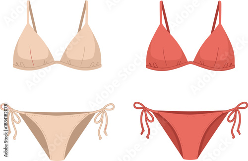 Women bikini swimsuit set, bra and panties illustration, nude and red colors, summer beachwear fashion, flat vector design