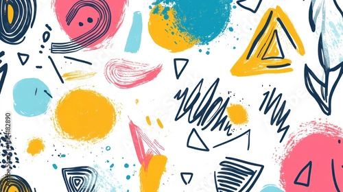 Abstract pattern of vibrant shapes and brushstrokes on a white background.  A mix of circles, triangles, and lines in various colors and textures