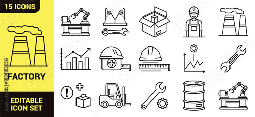 Industrial factory icon set with machinery, gears, robotic arms, eco-friendly elements, construction tools, manufacturing and automation symbols