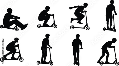 Black silhouette of people riding kick scooters performing tricks and stunts wearing helmets in various poses isolated on white background for urban sports design.