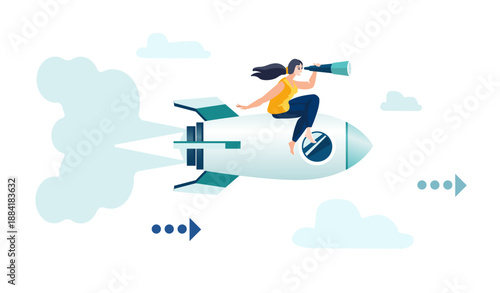 Businesswoman with binoculars sitting on a rocket, flying in the direction of a new business concept. Leader, forward arrows, finance, budget for investment growth, people, poster. Vector illustration