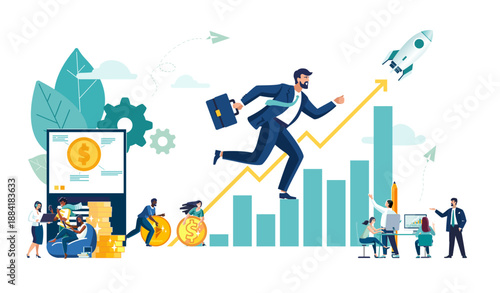 Business vector illustration, office workers studying infographics. Business people, ethnic, financial growth analysis, business development, finding new ideas, teamwork in the company, brainstorming