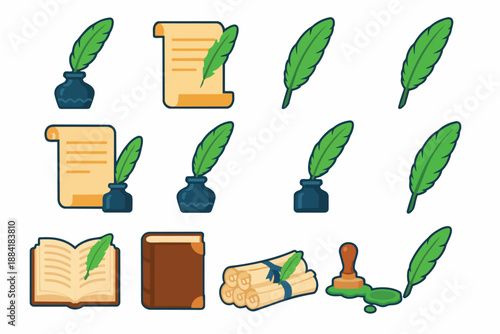 Collection of vintage writing tools and documents on white background quill pen inkwell