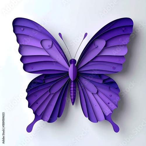 Paper-cut butterfly, shaded violet hues, layers create 3D depth, casting soft shadow on white backdrop