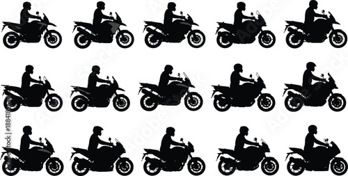 Silhouette of motorcycle riders set on adventure motorbikes, biker man riding touring bikes, motorcycling sport transportation icons, isolated vector silhouettes for automotive design graphics.