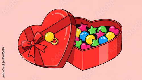 Heart shaped candy box filled with colorful sweets on pink background for valentine's day or love themed designs