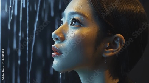 A thoughtful woman relaxes by the window on a quiet afternoon, watching raindrops roll down the glass.