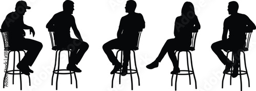 Silhouette of people sitting on bar stools, group of men and women relaxing in cafe, social gathering in pub restaurant, isolated vector lifestyle graphics.
