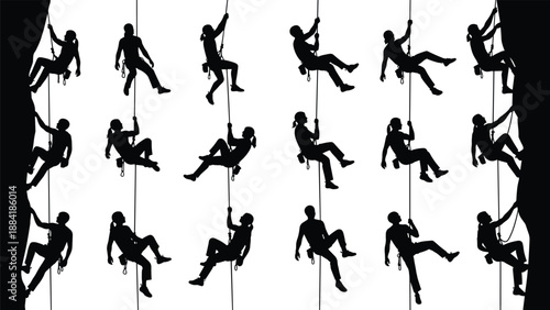 Silhouette of rock climbers set, rappelling and mountaineering icons, extreme sport climbing collection, outdoor adventure graphics, isolated black vector climber silhouettes on white background.
