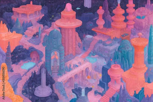 Vibrant maximalist fantasy cityscape with layered architecture in dreamlike setting