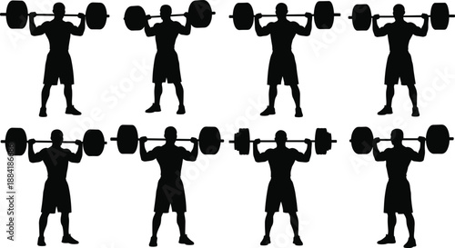 Silhouette of weightlifter set, strong man lifting barbell overhead icons, bodybuilding gym workout collection, fitness power graphics, isolated black vector athlete silhouettes for design.