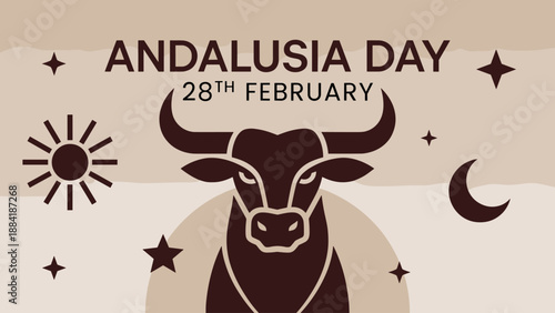 Andalusia Day Celebration with Bull Illustration and Sun, Moon