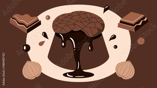 Delicious Chocolate Lava Cake with Melted Sauce, Hazelnuts, and Bars