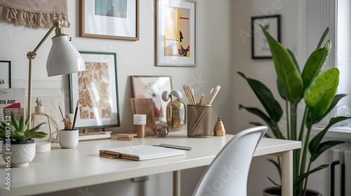 Wallpaper Mural Stylish home office desk with lamp, plants, stationery, and framed artwork on white surface Torontodigital.ca