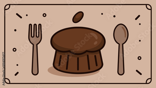 Sweet Chocolate Muffin with Fork and Spoon on a Beige Background