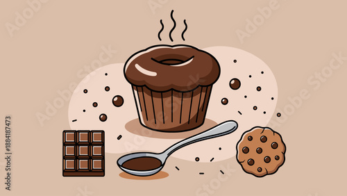 Sweet Chocolate Delights Steaming Muffin, Cookie, Bar, and Spoon
