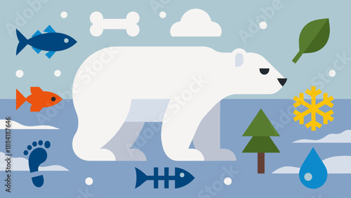 Minimalist Polar Bear and Arctic Ecosystem Elements Flat Vector Art