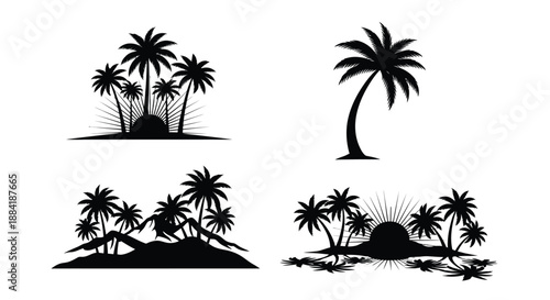 Silhouetted palm trees against a vibrant sunset and tropical island landscape