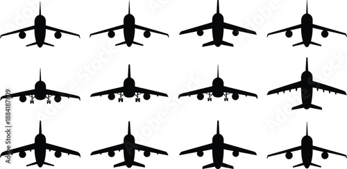 Airplane silhouette front view collection showing commercial jet aircraft in multiple landing and takeoff angles, aviation transport set featuring detailed aircraft shapes for travel design