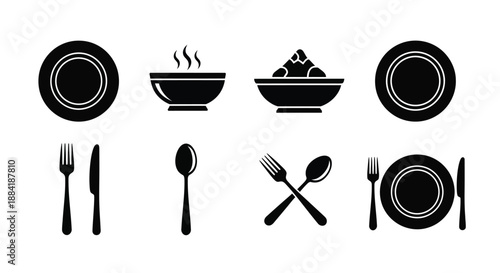 Simple black and white illustration of plate bowl cutlery and dining elements